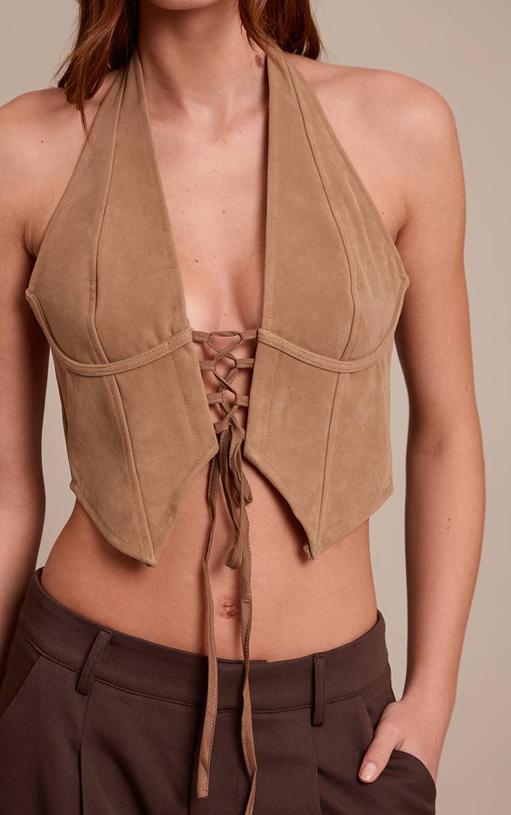 Marron Top Col Licou Plongeant À Lacets En Synthétique