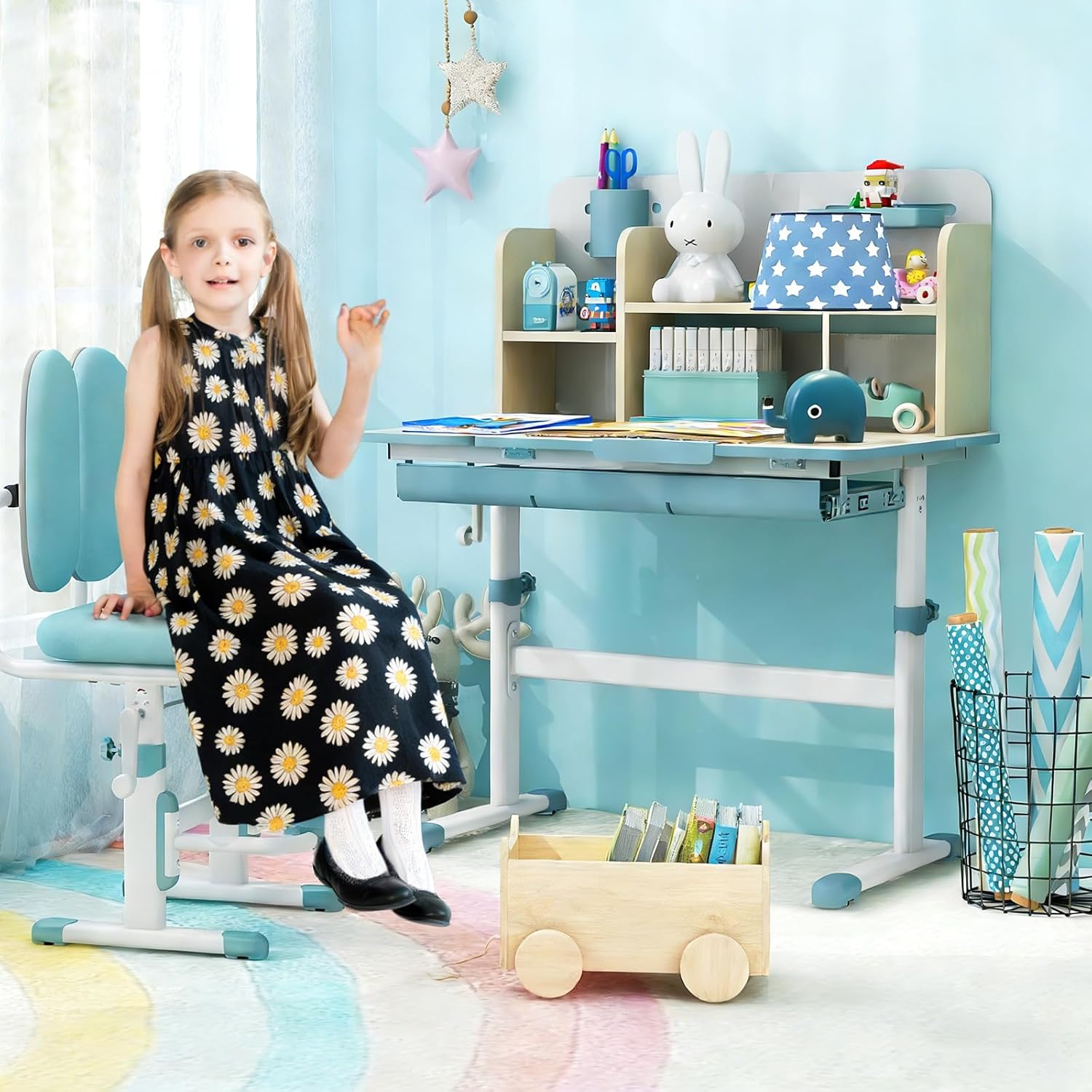 COSTWAY Kinderschreibtisch höhenverstellbar, Schreibtisch Kinder mit neigbarer Tischplatte, Regalen & Schublade, Jugendschreibtisch Schülerschreibtisch für 3-12 Jahre Kinder, 80 x 51 x 110,5cm (Blau)