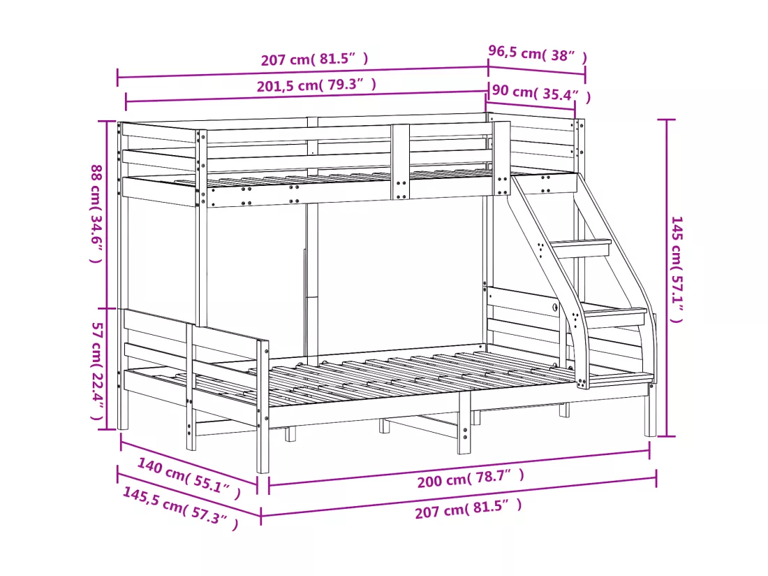 Lit superposé 90x200/140x200 cm blanc bois de pin massif