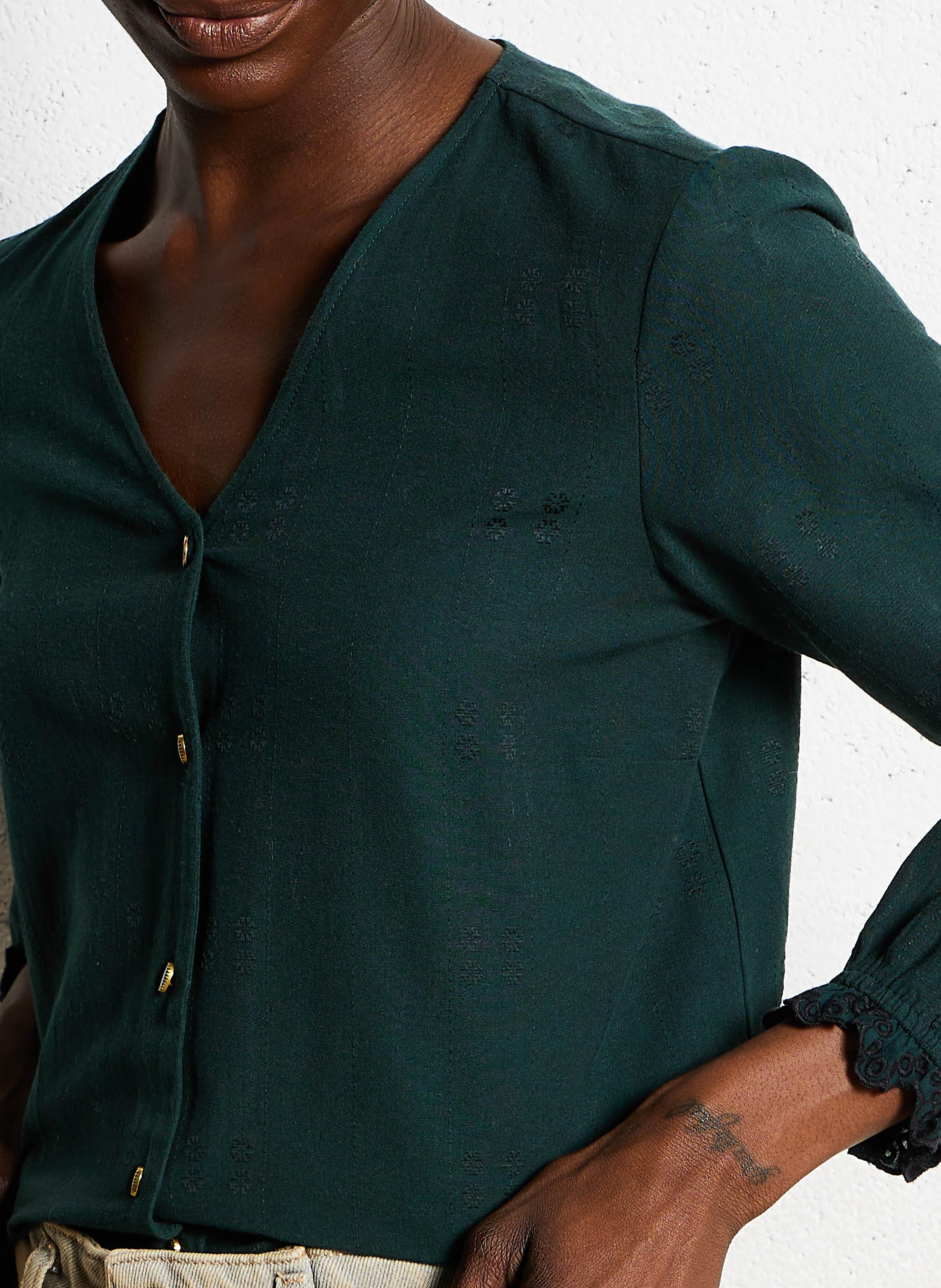 Chemise droite col V en coton mélangé | Vert