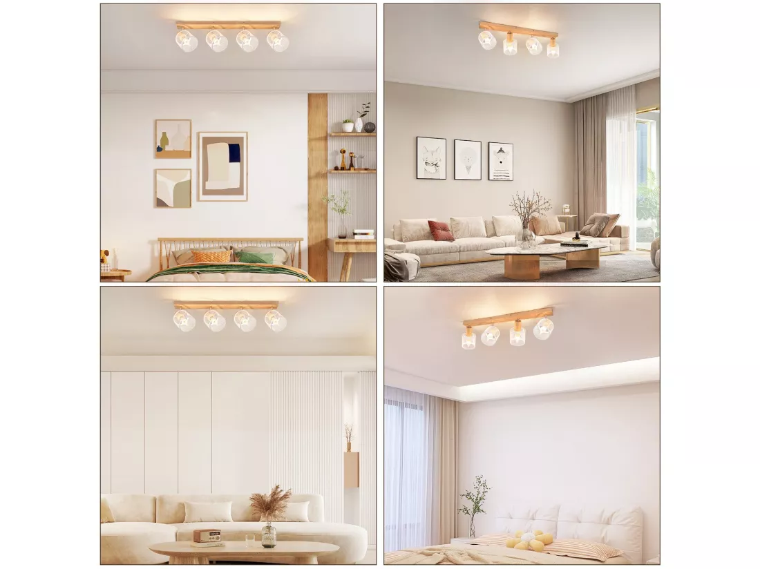 NETTLIFE Plafonnier 4 Spots blanc aspect bois - plafonnier E14 orientable 350° 4 ampoules max 25w moderne pour salon chambre cuisine.