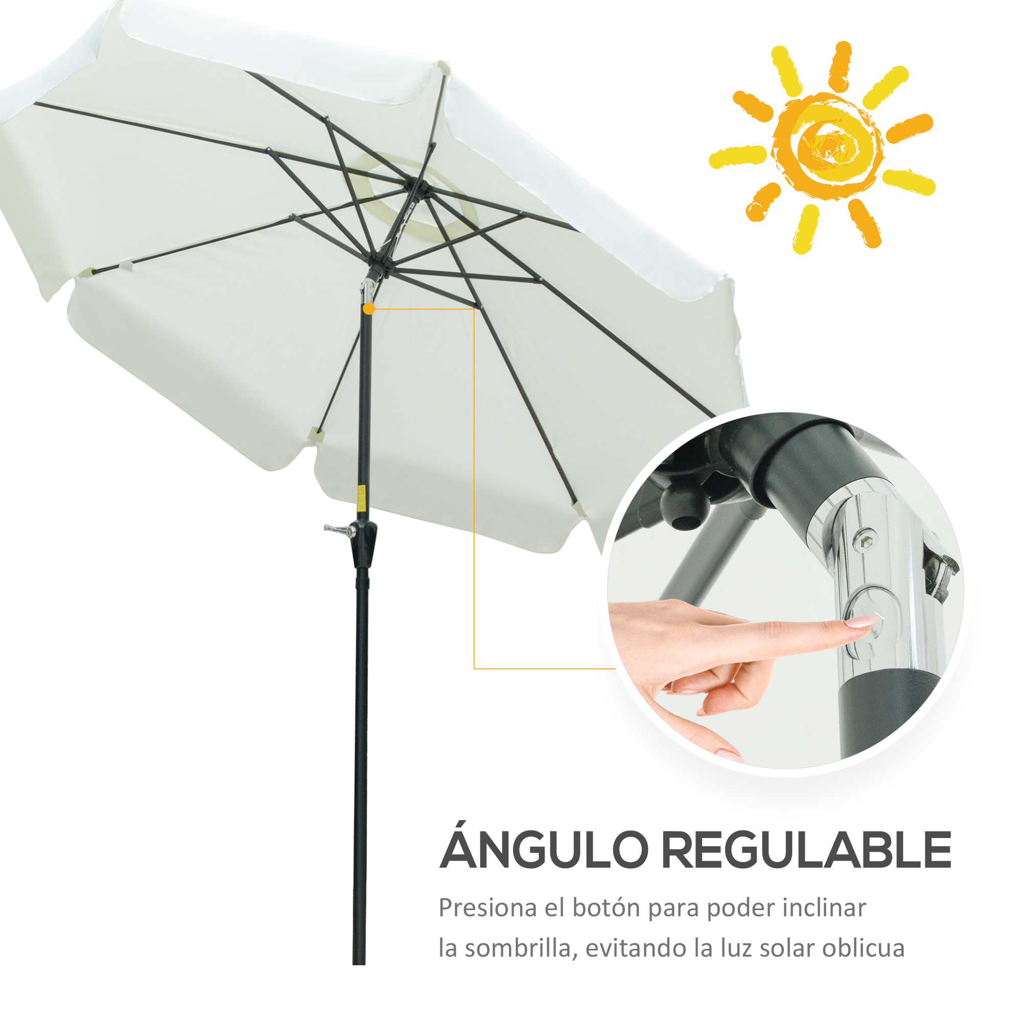 Guarda-sol de jardim Outsunny Ø266x250 cm em alumínio com ângulo ajustável, proteção UV50+, cobertura ventilada e manivela para terraço e varanda. Cor bege.