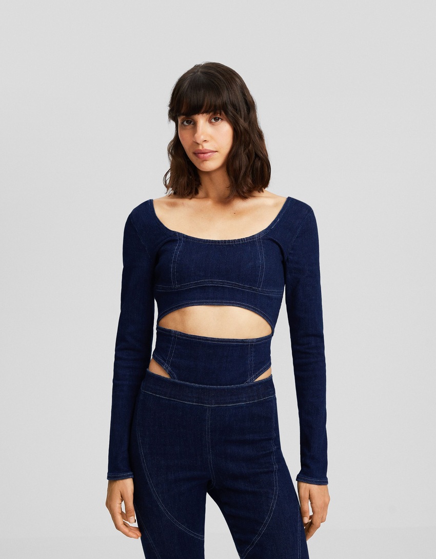Body jeans de manga comprida e modelagem justa com detalhe vazado