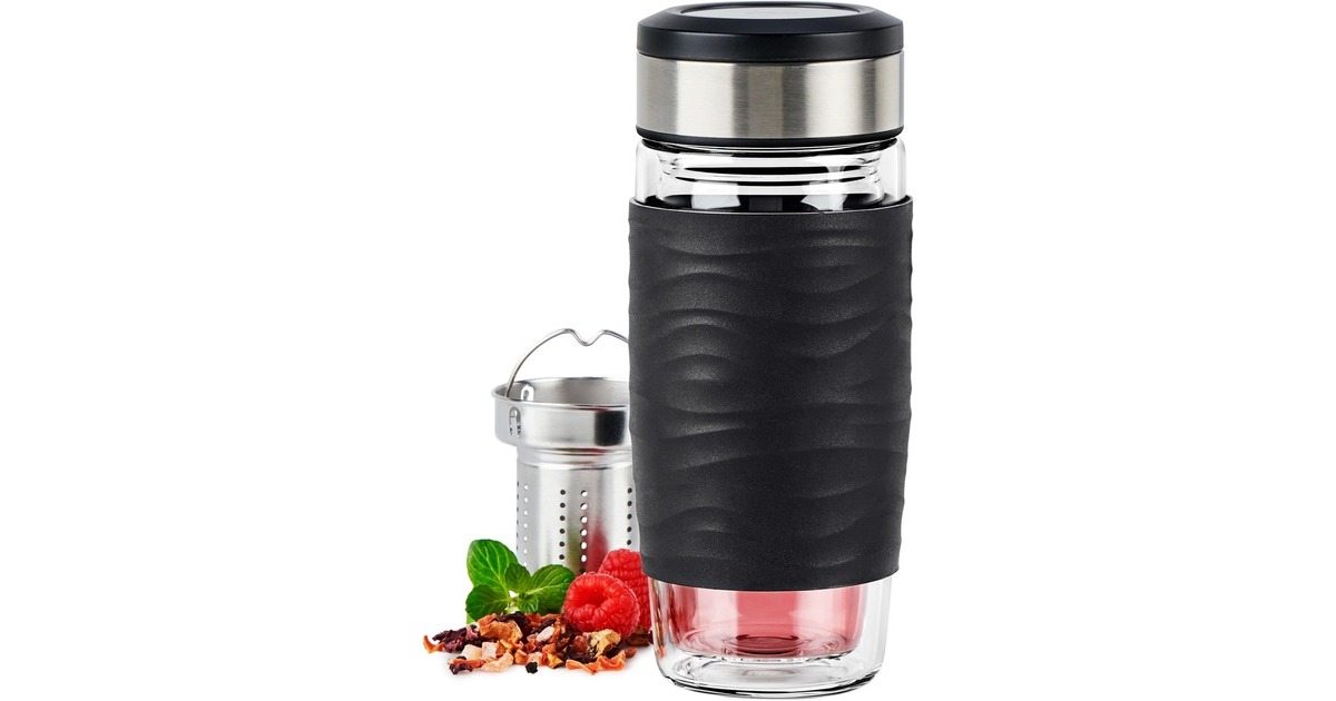EmsaTea Mug Thermosbeker 0,4 Liter  (Zwart/transparant, Glas, schroefdop)