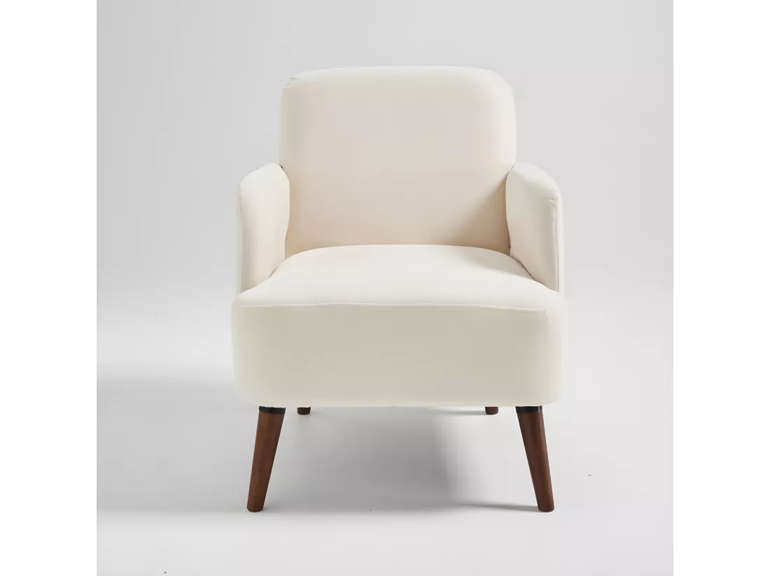 Brooks - Fauteuil rétro en tissu chenille pieds bois foncé - Écru