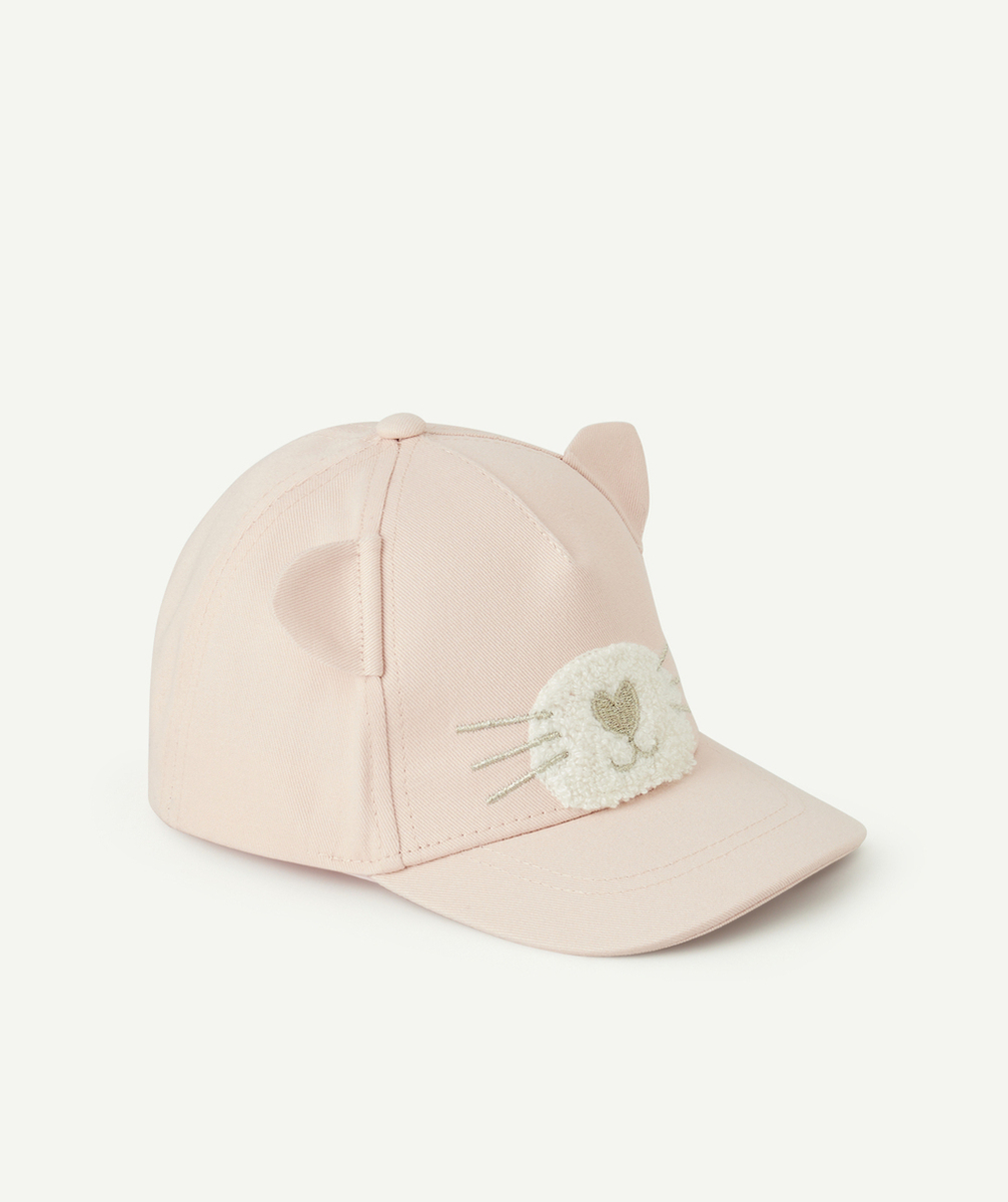 casquette bébé fille en coton rose pâle avec oreilles et motif chat