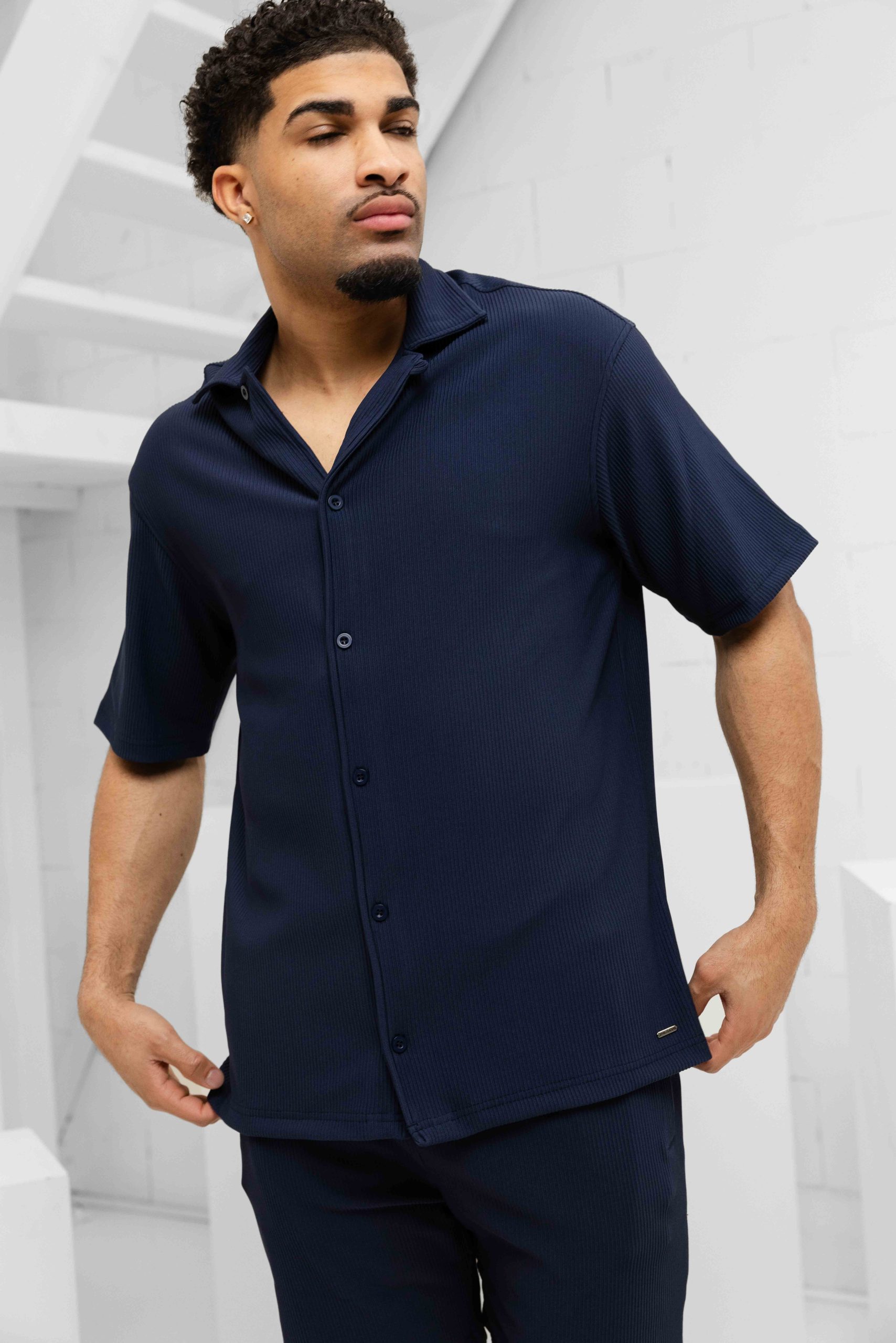 Malelions Ribbed Camp Collar Zomerset Heren Donkerblauw