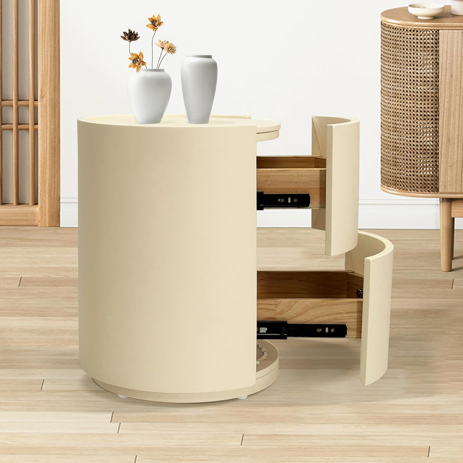 Nachttisch Rund mit 2 Schubladen, 40 cm breit, Moderner Leder-Nachttische, Nachtschrank aus Holz mit Stauraum, für Schlafzimmer Wohnzimmer, Beige