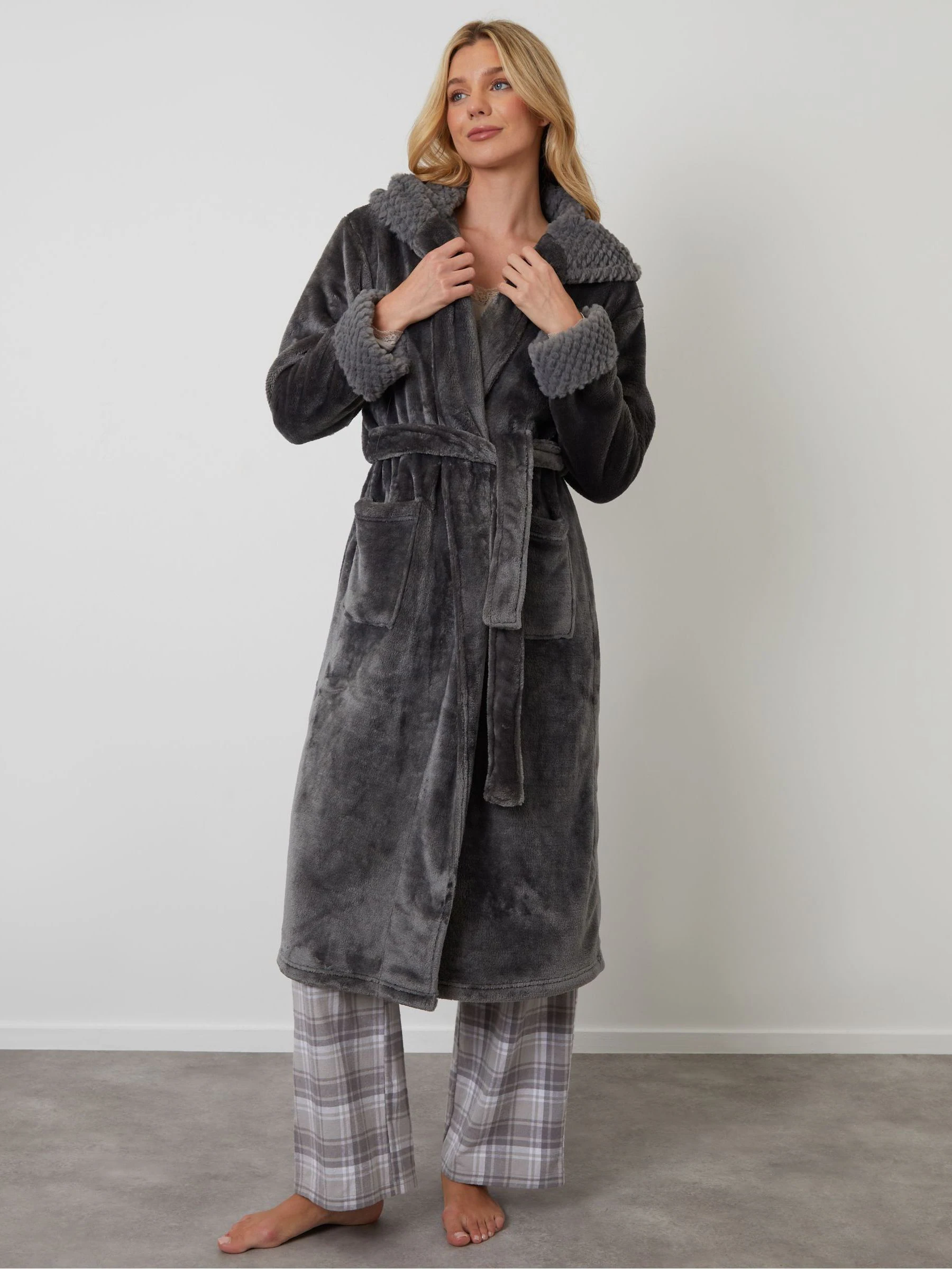 Grijs - Threadbare Cosy Faux Fur Trim Dressing Gown