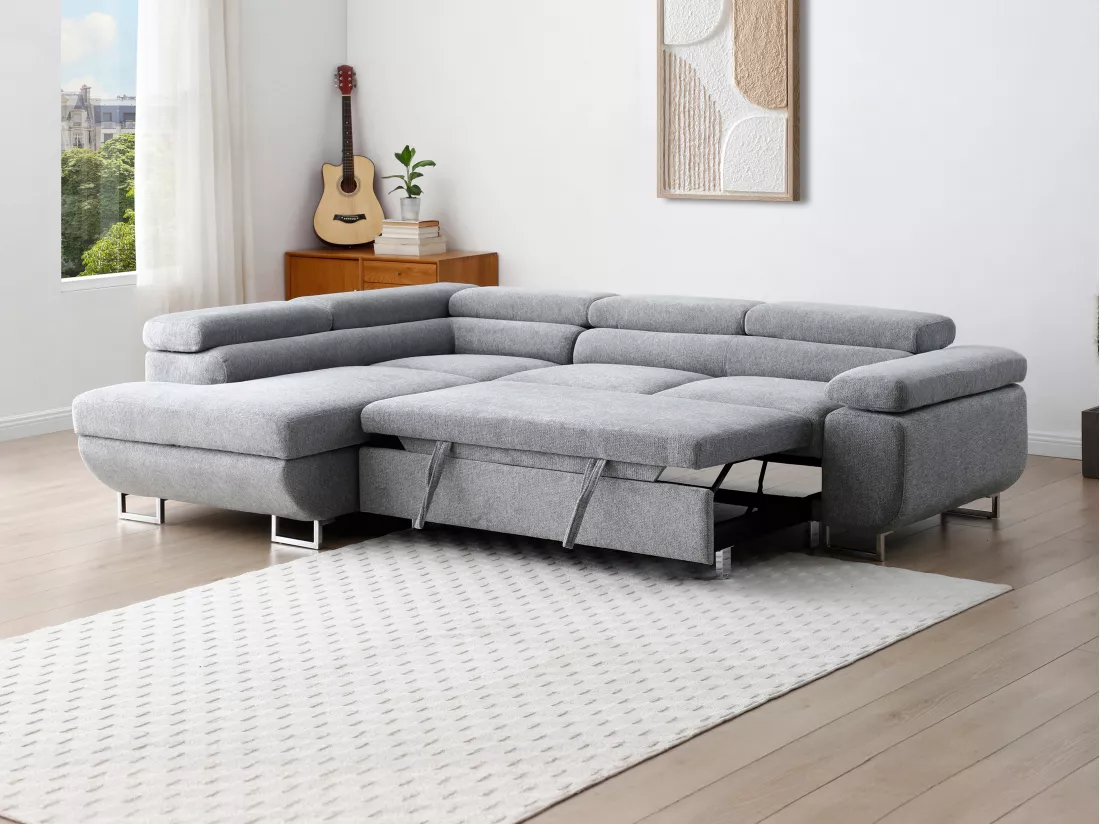 Canapé d'angle gauche convertible en tissu texturé gris NURAZIO