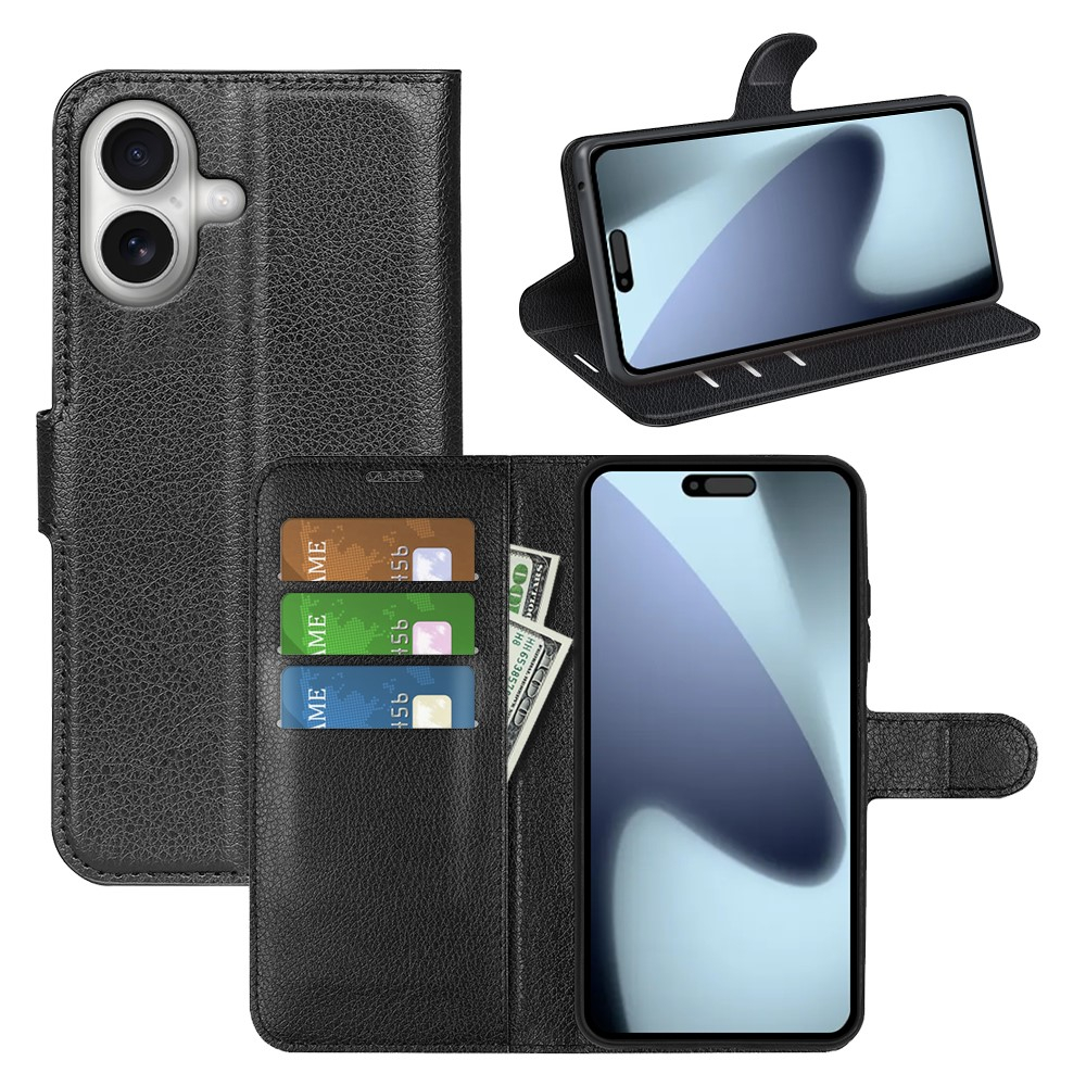iPhone 17 Leder Tasche Flip Cover Litchi Look - Schwarz