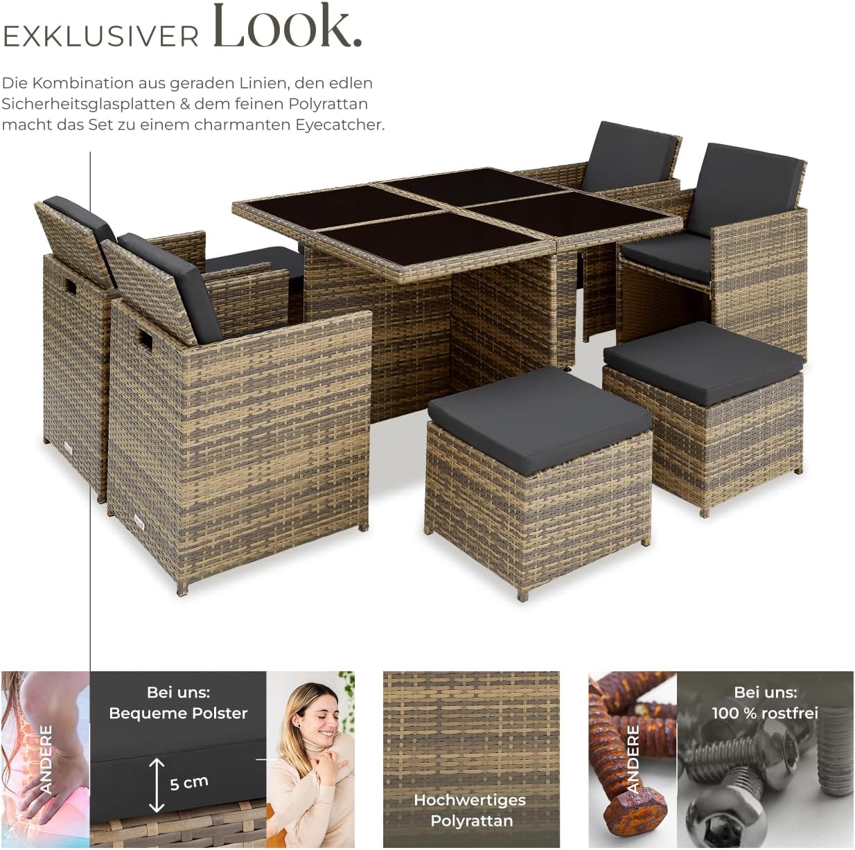 tectake® Lounge Möbel Set 4X Stühle, 4X Hocker, 1x Tisch, platzsparende Cube Aufbewahrung, Outdoor Rattan Gartenmöbel für Balkon, Garten und Terrasse, mit Abdeckung und Wechselbezügen - Natur