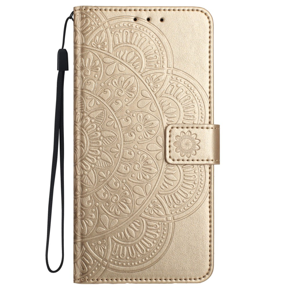 iPhone 16 Pro Leder Tasche Wallet - Mandala Flowers Imprint - Gold