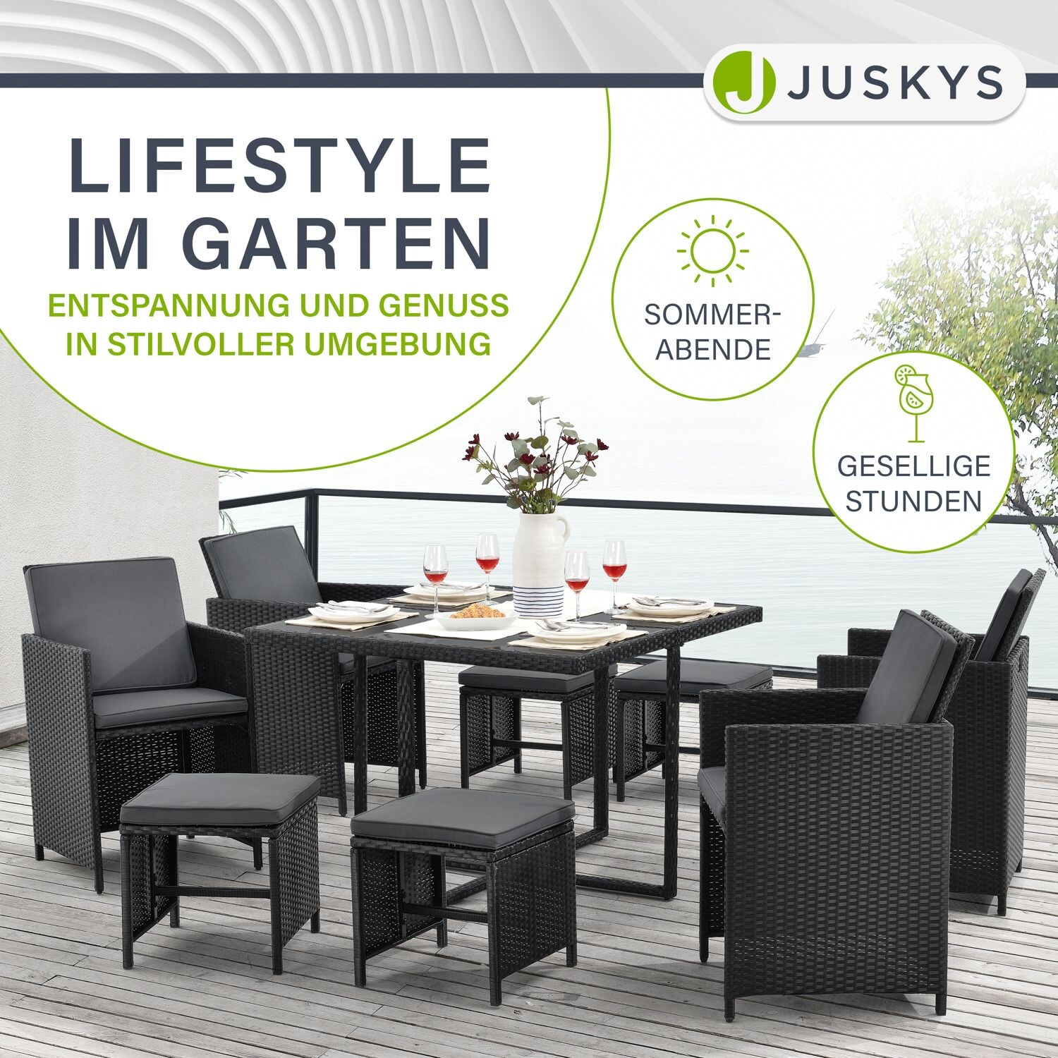 Juskys Polyrattan Sitzgruppe Baracoa L 9-teilig – Gartenmöbel wetterfest, stapelbar für Garten