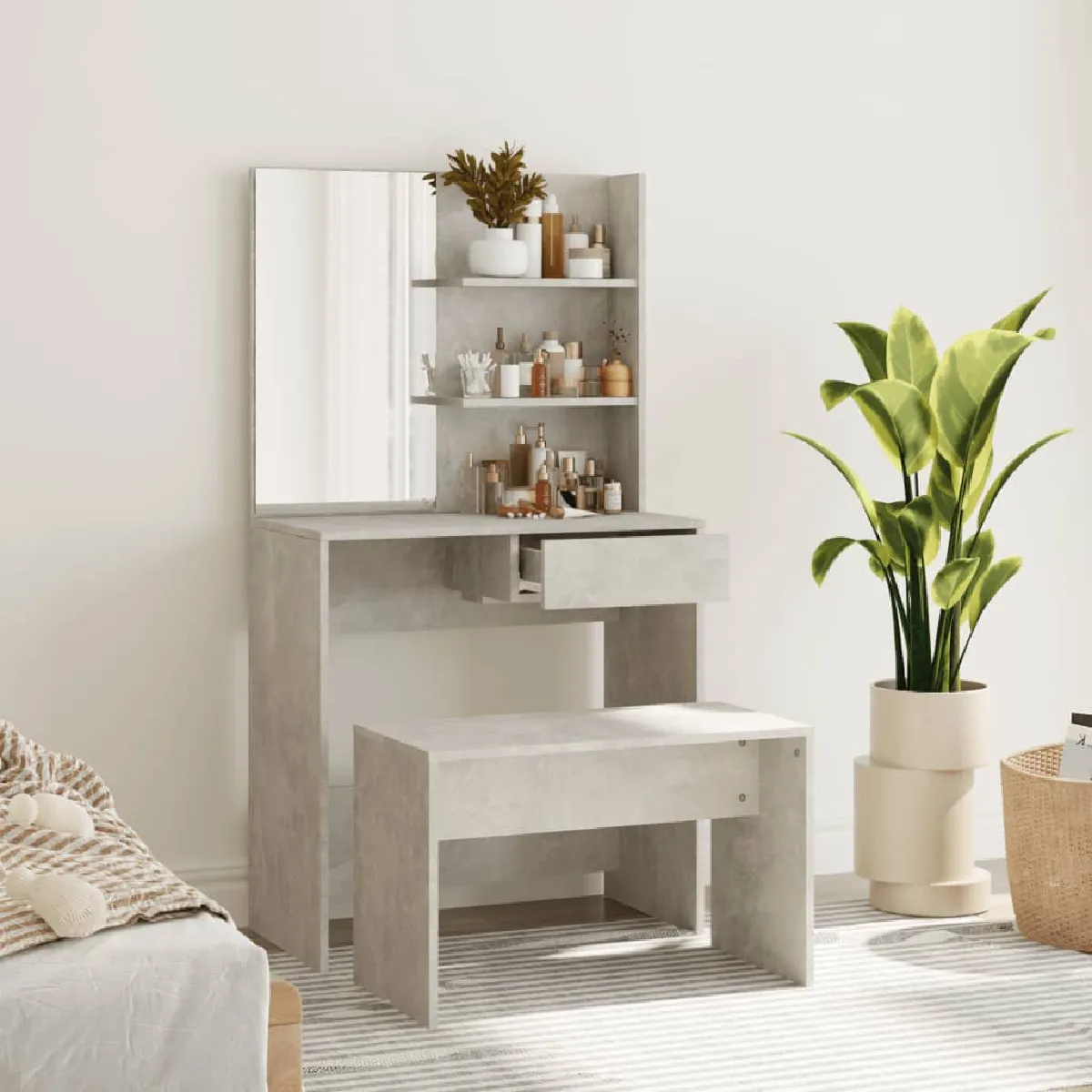 vidaXL Coiffeuse avec tabouret - Gris béton