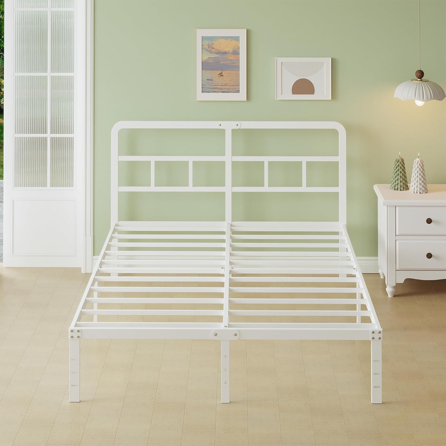 Bett 160x190 Weiß mit Kopfteil, Höhe 36cm Metallbett 160 x 190 cm mit Lattenrost, Metall Bettgestell mit Stauraum unterm Bett, Doppelbett Weiss, Einfacher Aufbau, Weiß XJ3903614