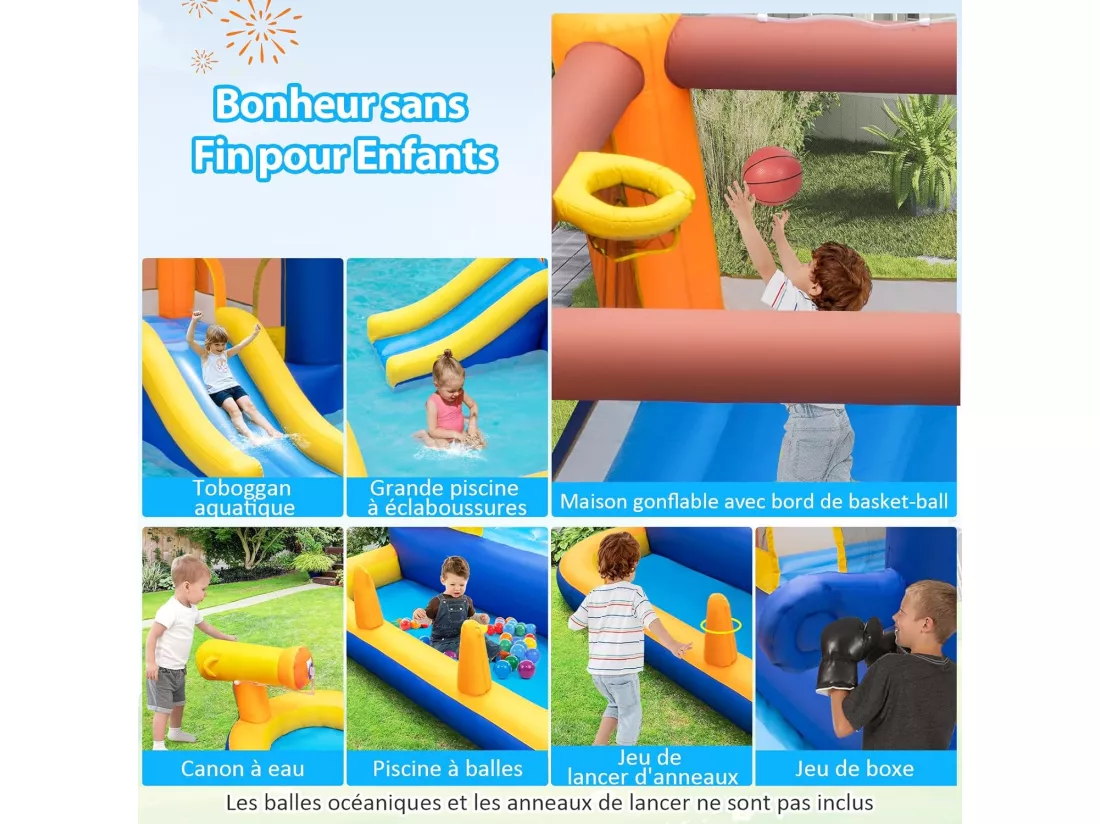 7 en 1 Château Gonflable en Forme Requin avec Toboggan & Jeu de Boxe, Aire de Jeux Gonflable avec Maison de Saut & Piscine, Charge 90kg pour 2 Enfants de 3-10 Ans, 578 x 408 x 250 CM