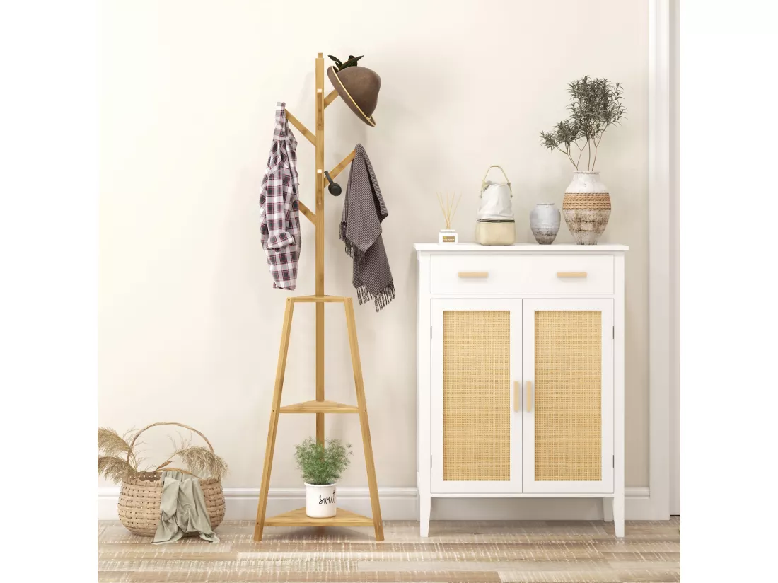Portemanteau sur pied bois bambou - 8 patères, 3 étagères - dim. 46L x 46l x 175H cm