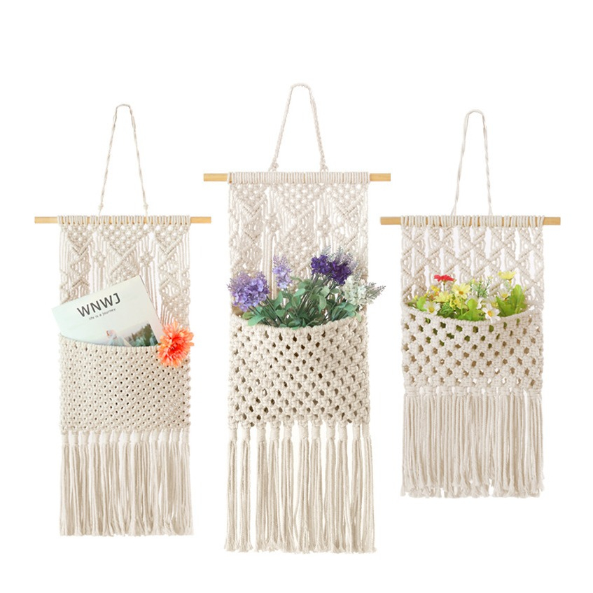 (64x33cm) Makramee Wand Deko Boho Wandteppich Geknüpftes Hygge Lifestyle Accessoire mit Organizer Tasche - Beige