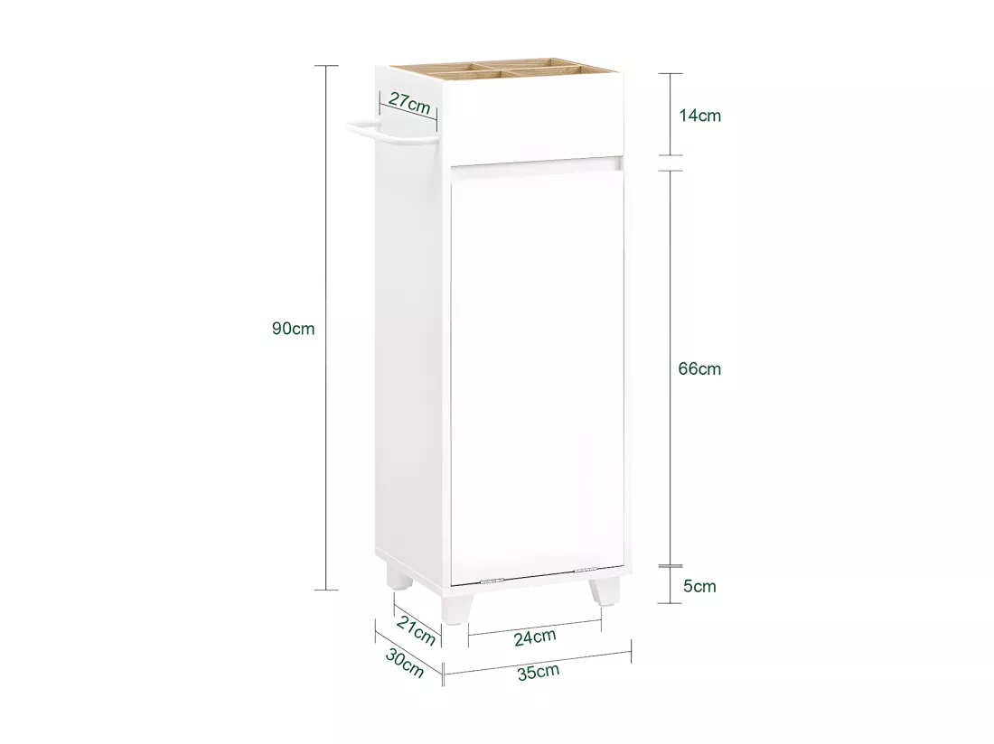 SoBuy Armoire à Linge Meuble Bas de Salle de Bain Corbeille à Linge Meuble de Rangement avec 4 Petits Compartiments Ouverts et 1 Panier à Linge Amovible, Blanc, 35x30x90 cm, BZR159-W
