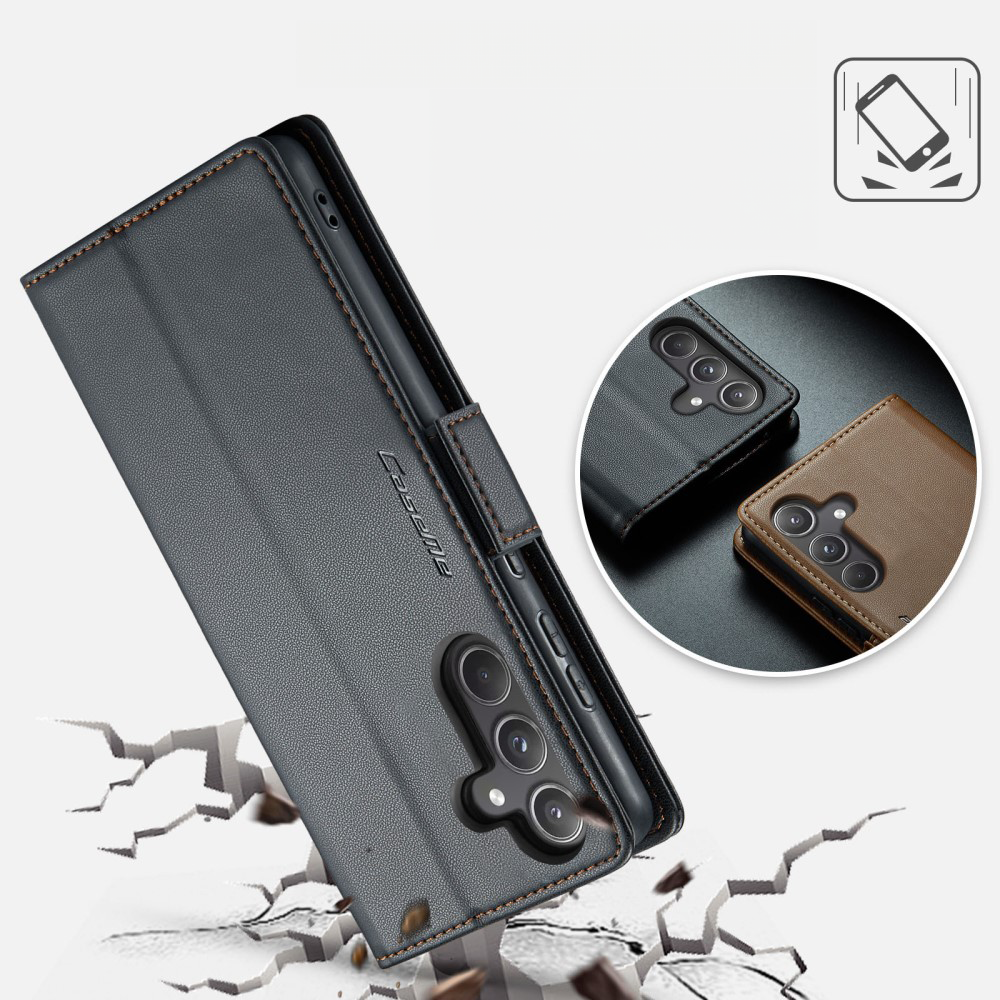 Samsung Galaxy A55 Leder Tasche Flip Wallet Etui mit Kartenfächern Litchi Look (RFID Schutz) - Schwarz