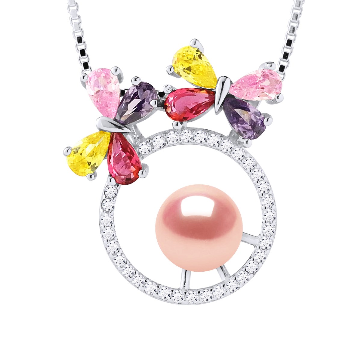 Collier PAPILLONS Perle d'Eau Douce Ronde 8-9 mm Rose Argent 925