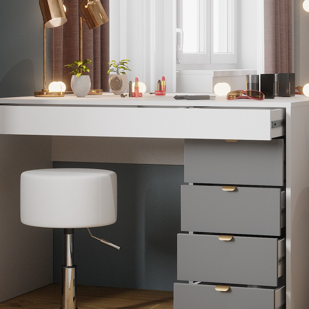 Vicco Schminktisch Elise Weiß Grau 115 x 76 cm modern Frisiertisch Schubladen Spiegel Hocker LED-Beleuchtung