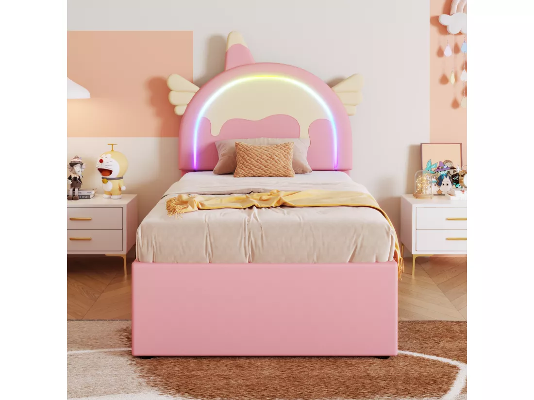 Lit gigogne 90x200cm+90x190cm, lit d'enfant avec 3 tiroirs, sommier à lattes et tête de lit forme licorne, matière PU, rose