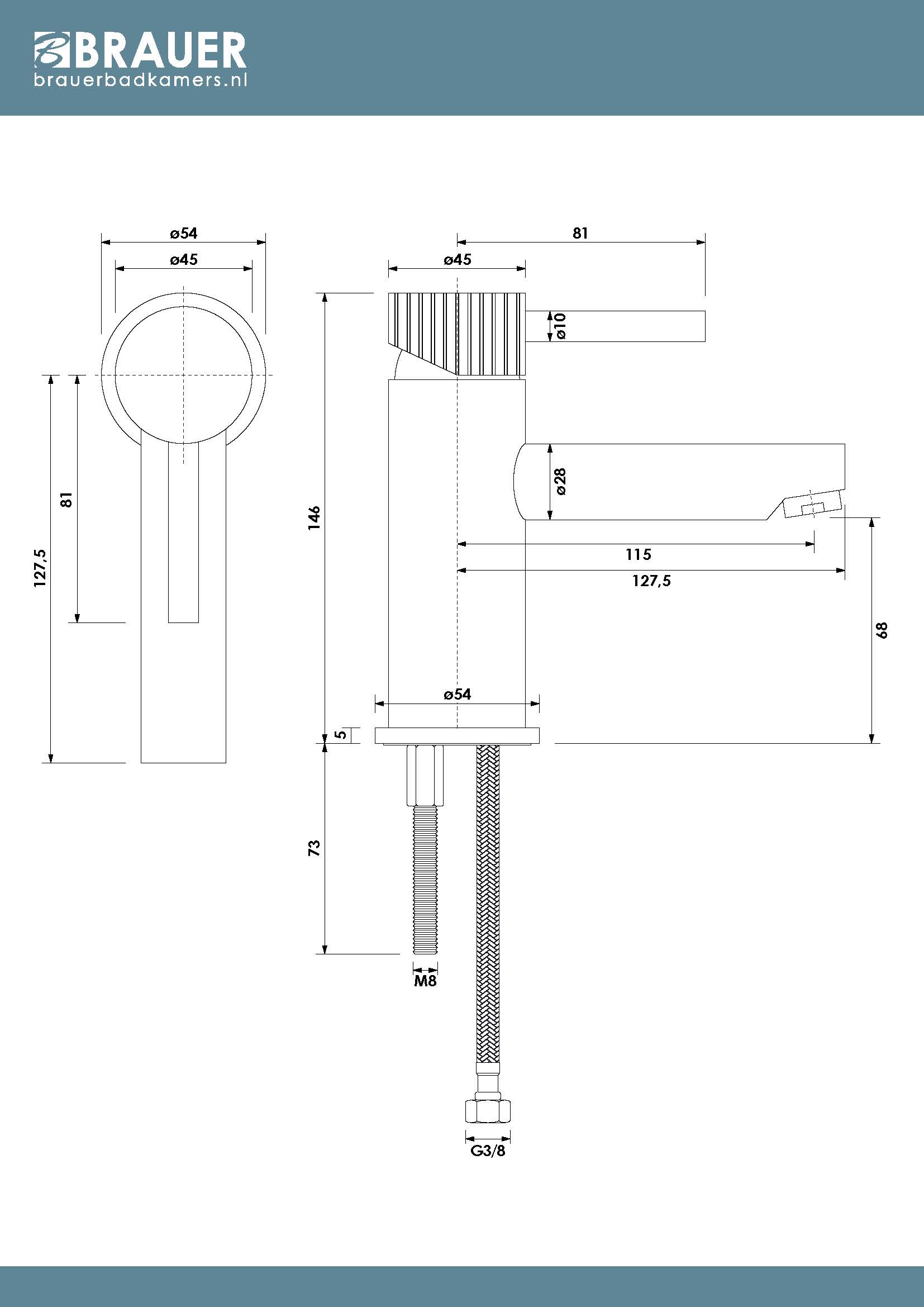 Brauer Stripe wastafelkraan model A met ColdStart koper geborsteld PVD