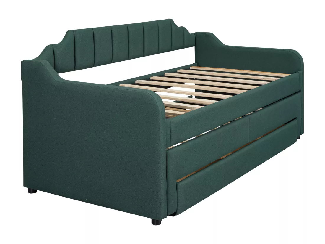 Lit banquette avec tiroirs rembourré en lin - 90x200cm + 90x190cm - Vert Sapin