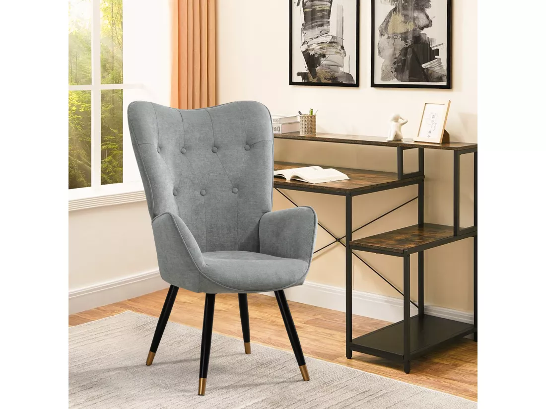 Fauteuil Scandinave Chaise de Canapé de Loisirs pour Salon Salle à Manger Bureau avec Un Revêtement en Tissu, Accoudoirs Rembourés et des Pieds en Métal, Gris et Noir et Or, 66x71x110cm