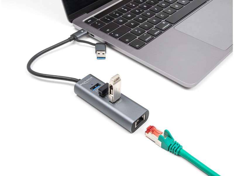 Delock Netzwerk-Adapter 5 Gbps USB Typ-A/USB Typ-C Delock 3 Port USB 5 Gbps Hub   Gigabit LAN mit USB Type-C oder USB Typ-A Anschluss im Metallgehäuse
