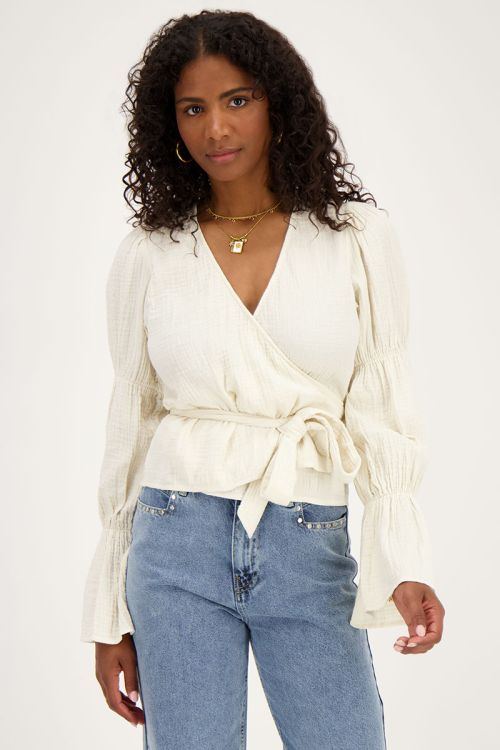 Beige blouse met wijde mouwen en strik
