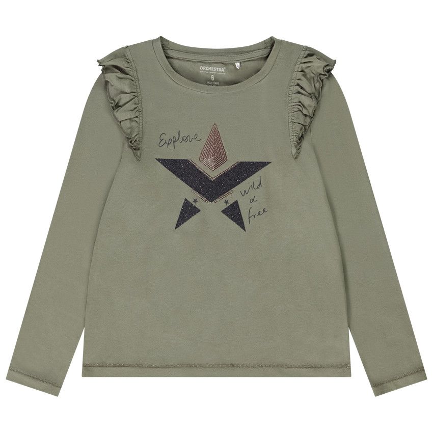 T-shirt manches longues en jersey print sequins pour fille - Kaki
