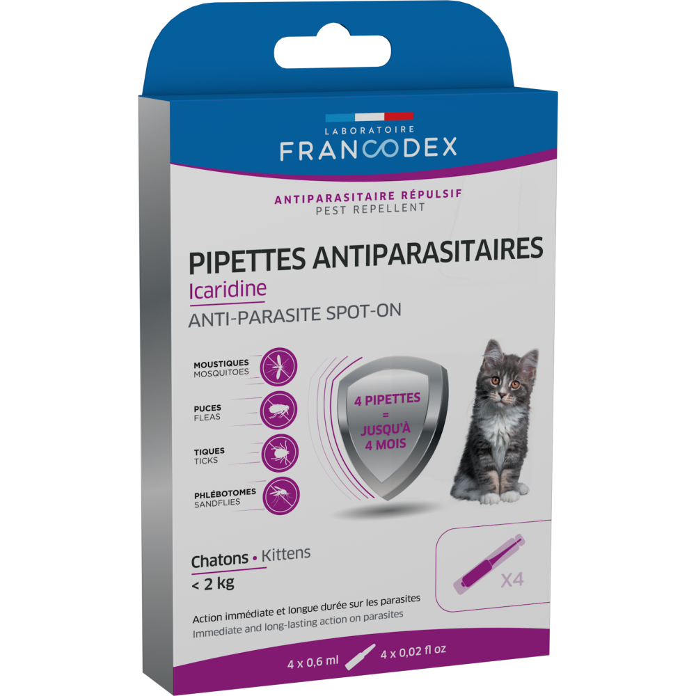 4 pipettes antiparasitaires icardine pour chatons moins de 2 kg