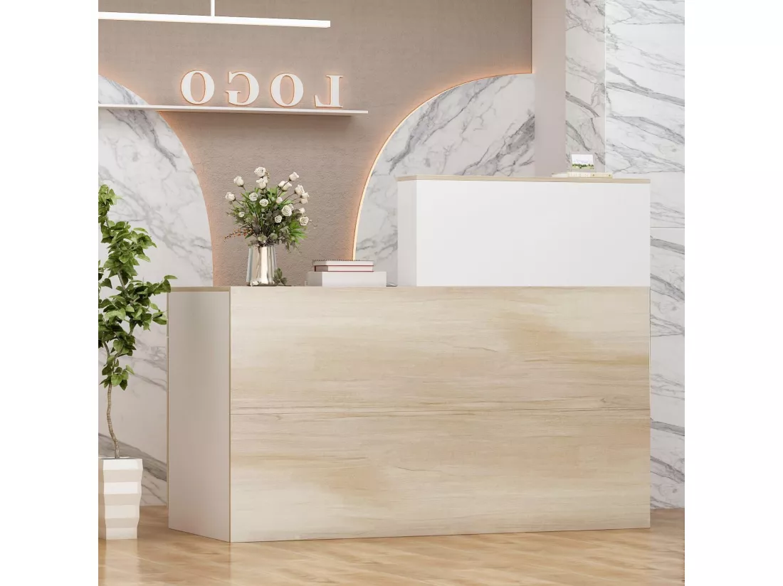 Comptoir de réception avec compartiments ouverts Tiroir verrouillable étagères Salon Bureau Bois&Blanc 140x60x110cm