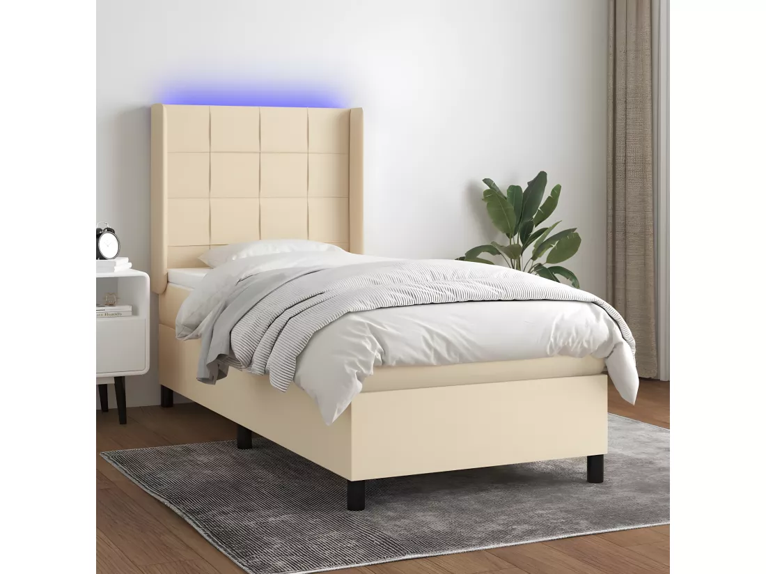 Sommier tapissier avec matelas et LED Crème 100x200 cm Tissu