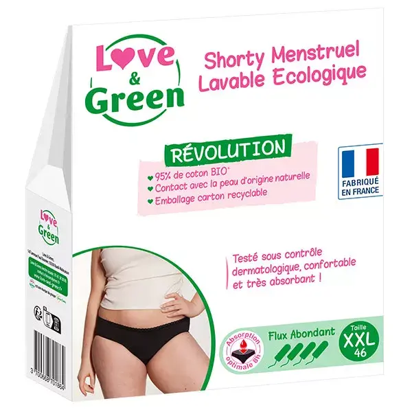 Calcinha menstrual lavável e ecológica Love & Green, tamanho 46, fluxo intenso.