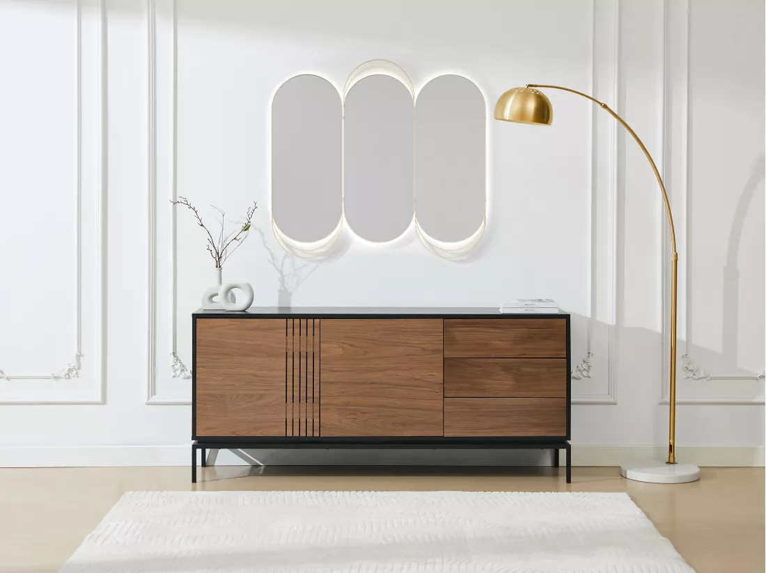 Buffet avec 2 portes et 3 tiroirs placage noyer et métal - Naturel foncé et Noir - ZINORI