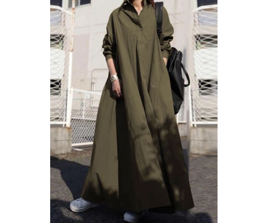Scabiosa - Lange mouwen Henley Effen Maxi Shirtjurk