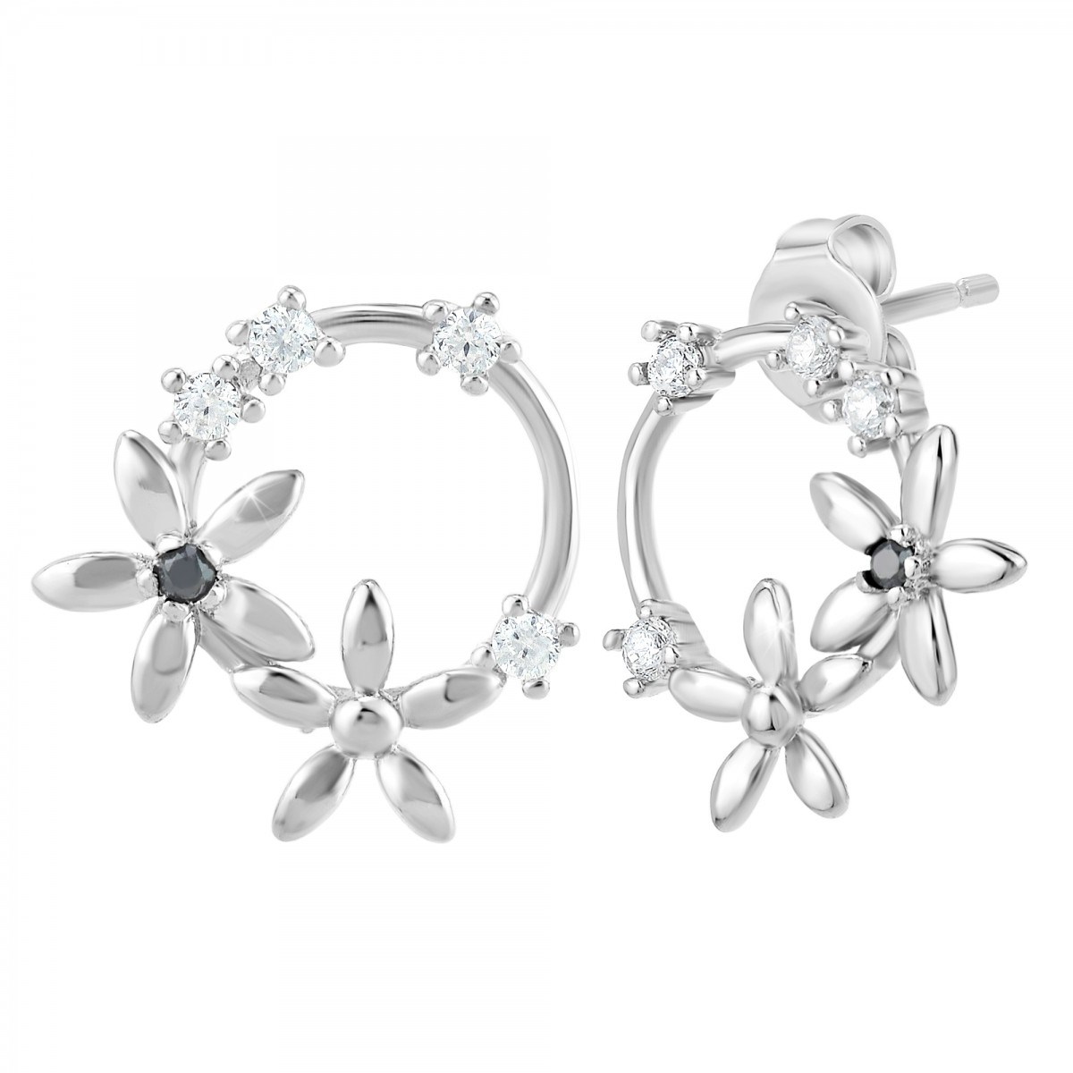Boucles d'oreilles fleurs SC Crystal ornées d'un véritable diamant noir