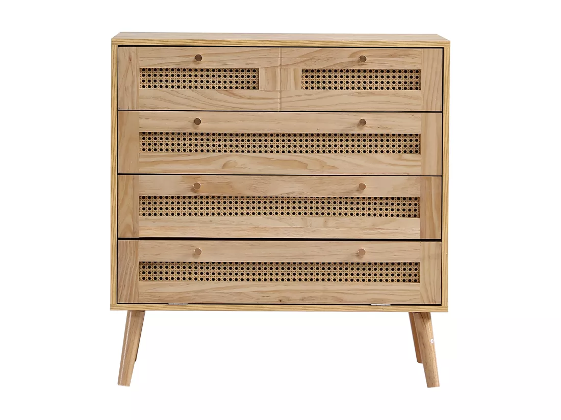 Commode avec 3 tiroirs et 1 compartiment abattant - en bois et rotin - Naturel