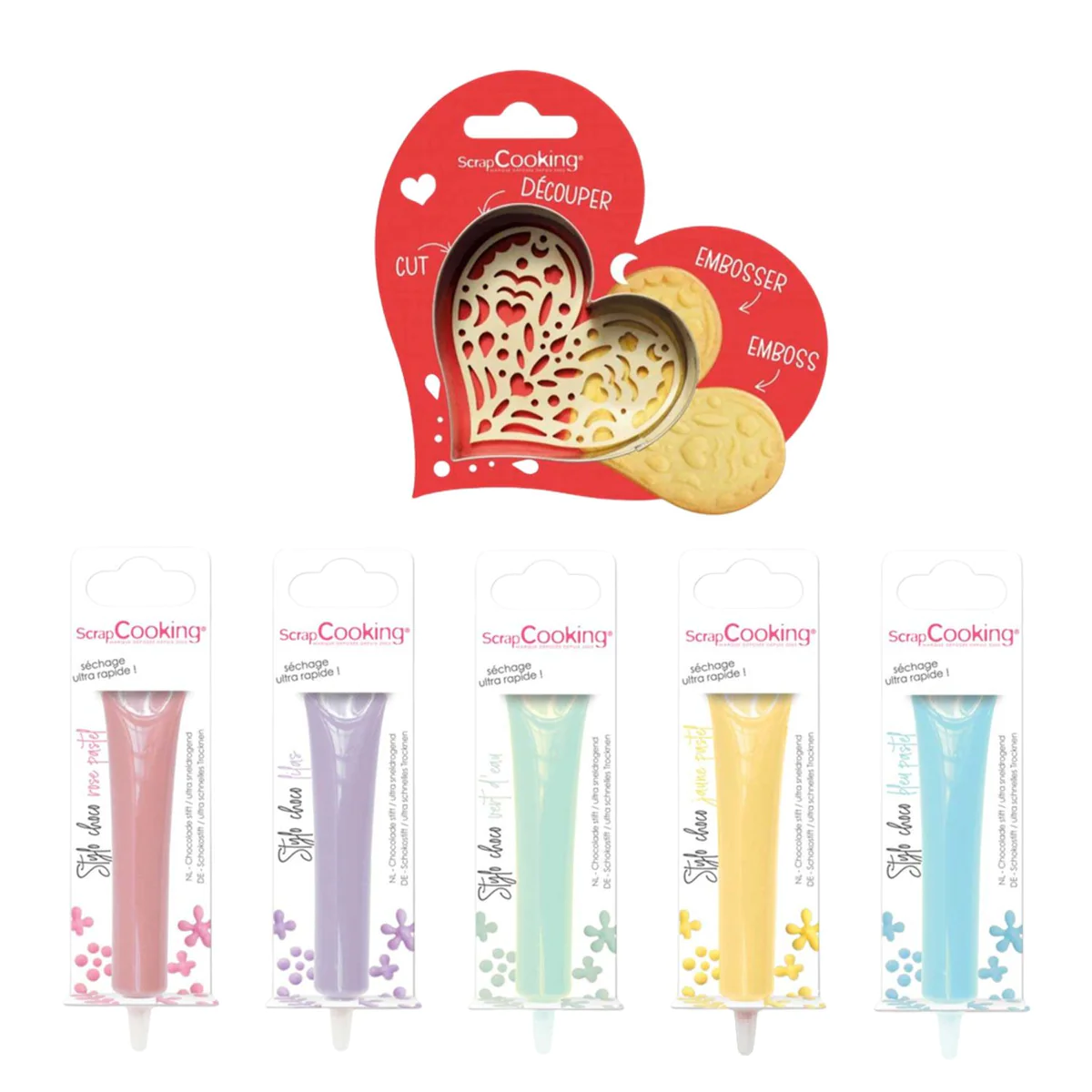 Kit pour biscuits en relief Coeur + 5 stylos choco pastel Scrapcooking