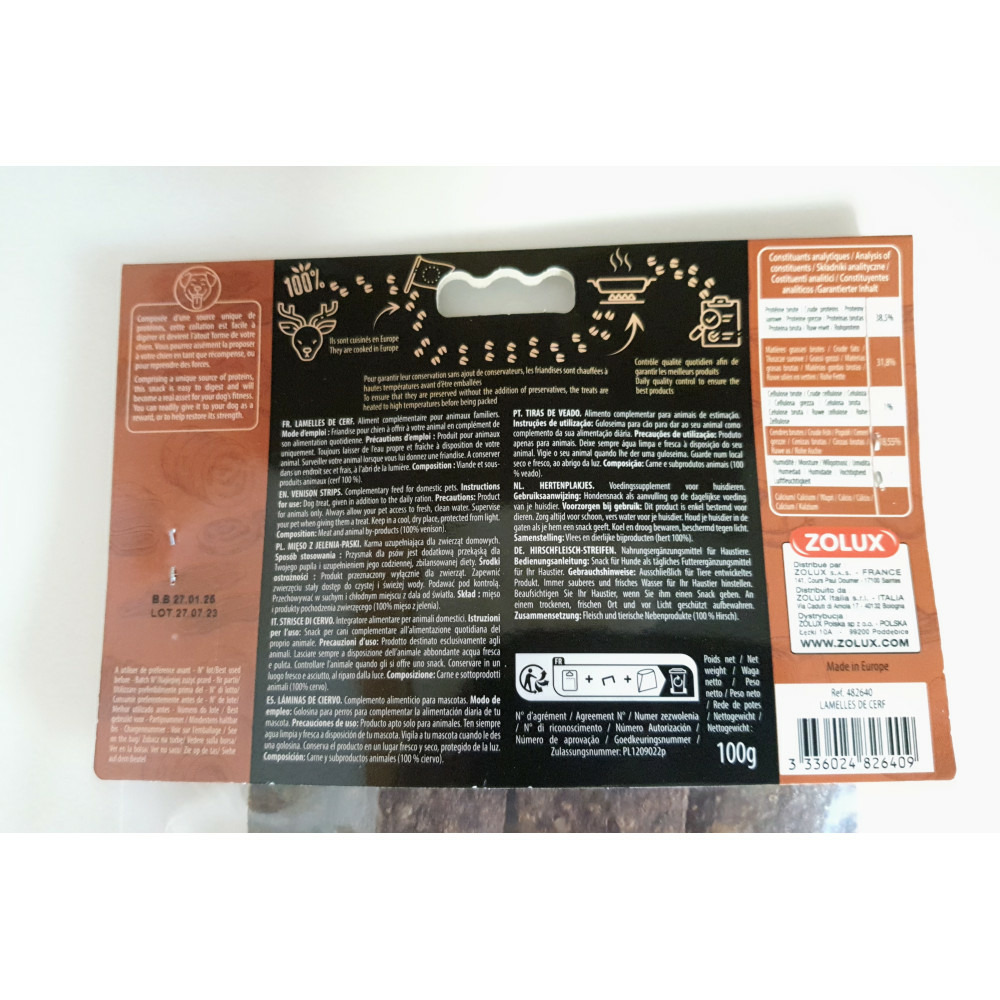 Friandises 5 lamelles de cerf 100 g pour chien