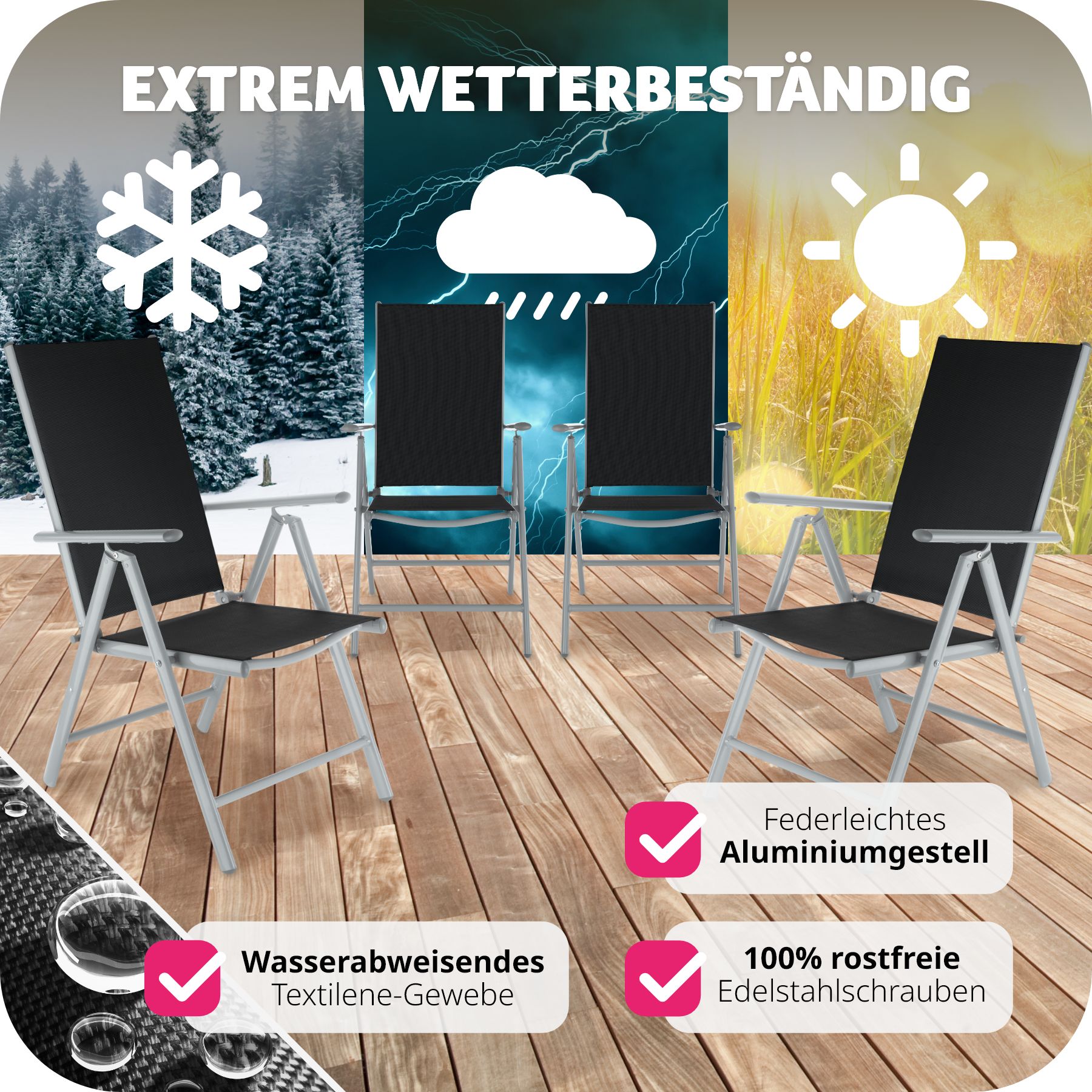 tectake® 4er Set Gartenstuhl, klappbar, 7-fach verstellbare Rückenlehne, 67 x 56 x 105 cm