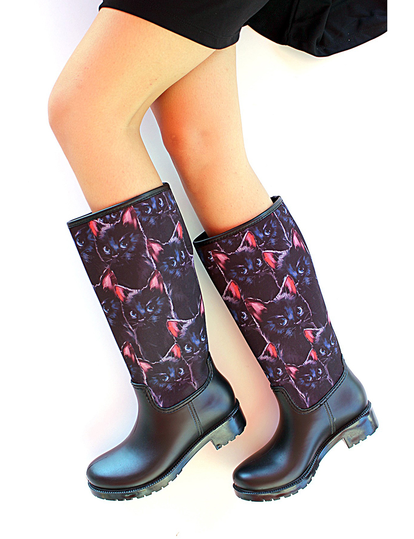 Long Black Cat Pattern Boots