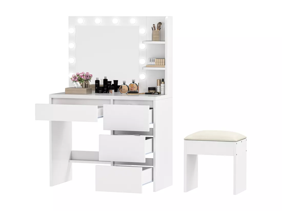 YITAHOME Coiffeuse avec éclairage LED - Miroir - Étagère ouverte - 4 tiroirs - Blanc