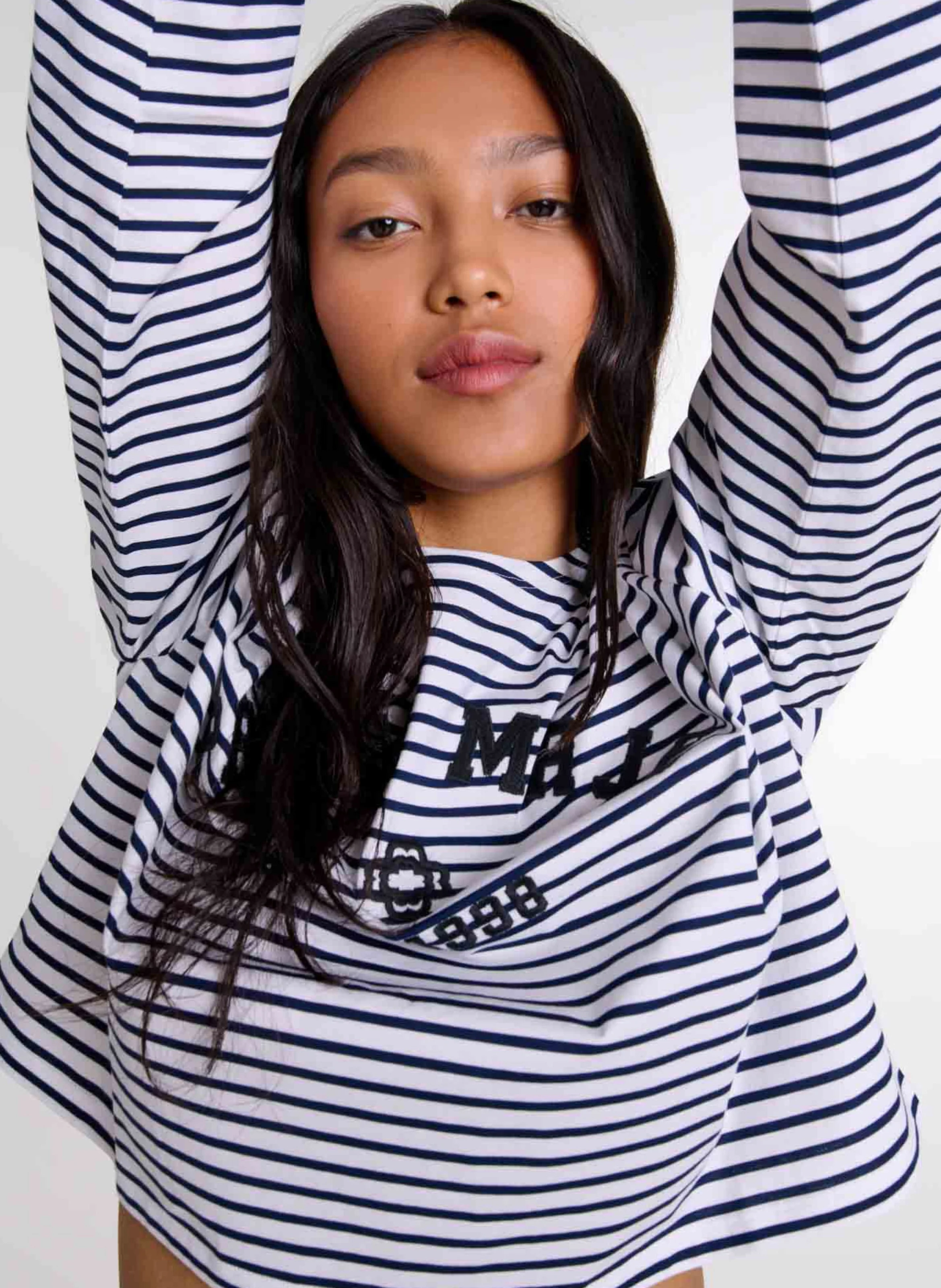 Tee-shirt col rond droit en coton rayé | Bleu