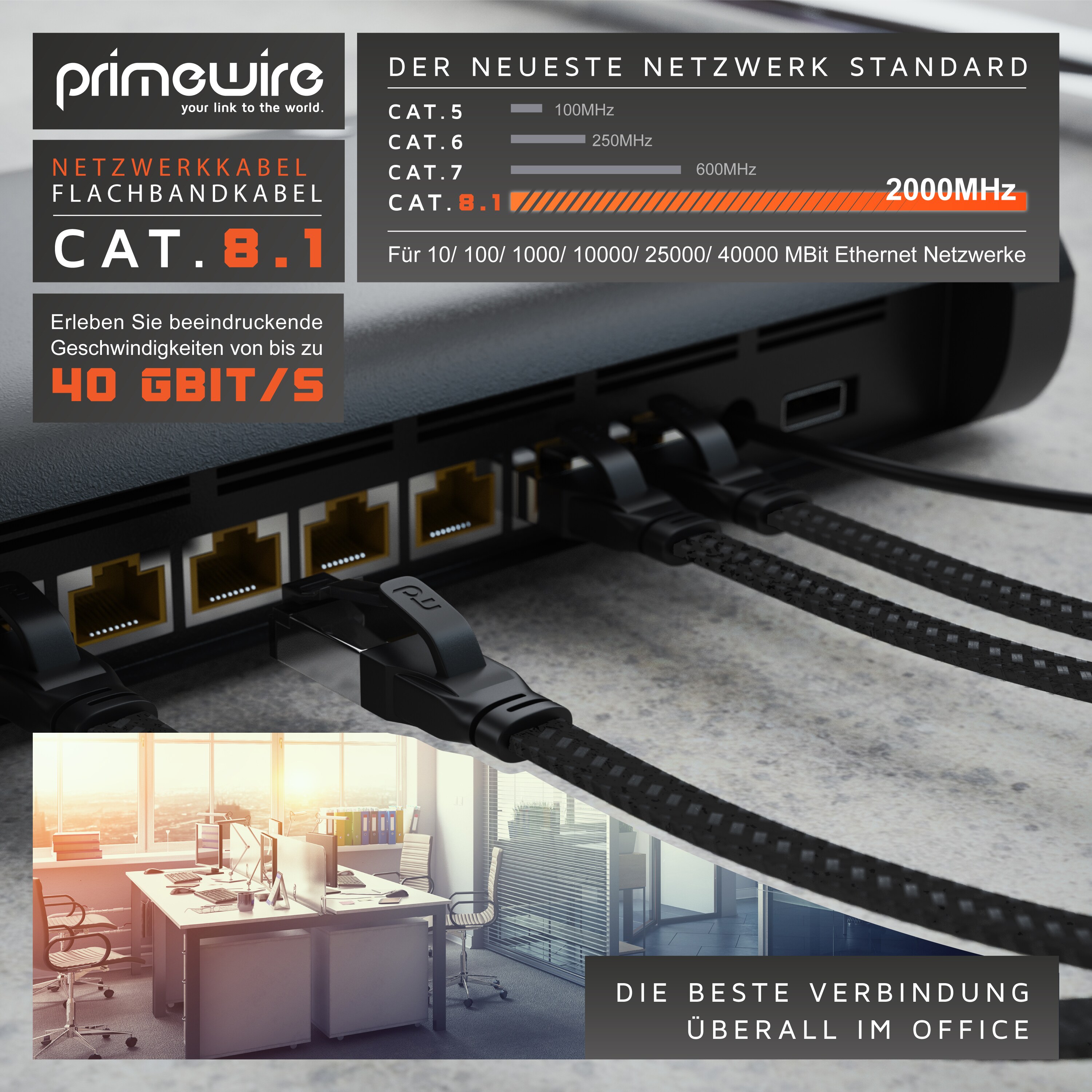 Primewire CAT 8.1 Netzwerkkabel Flach 40 Gbits, Baumwollmantel, LAN Kabel Patchkabel, Gigabit RJ45 Ethernet Cable, Flachbandkabel, Verlegekabel - 5m