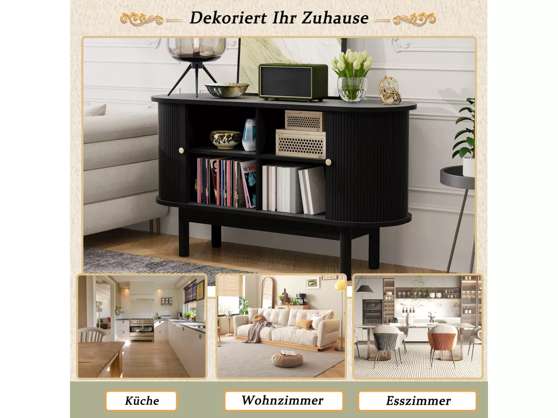 Buffet bas moderne avec 2 portes coulissantes - 138 x 43 x 75 cm - Forme ovale - Bois MDF + pieds en pin - Noir